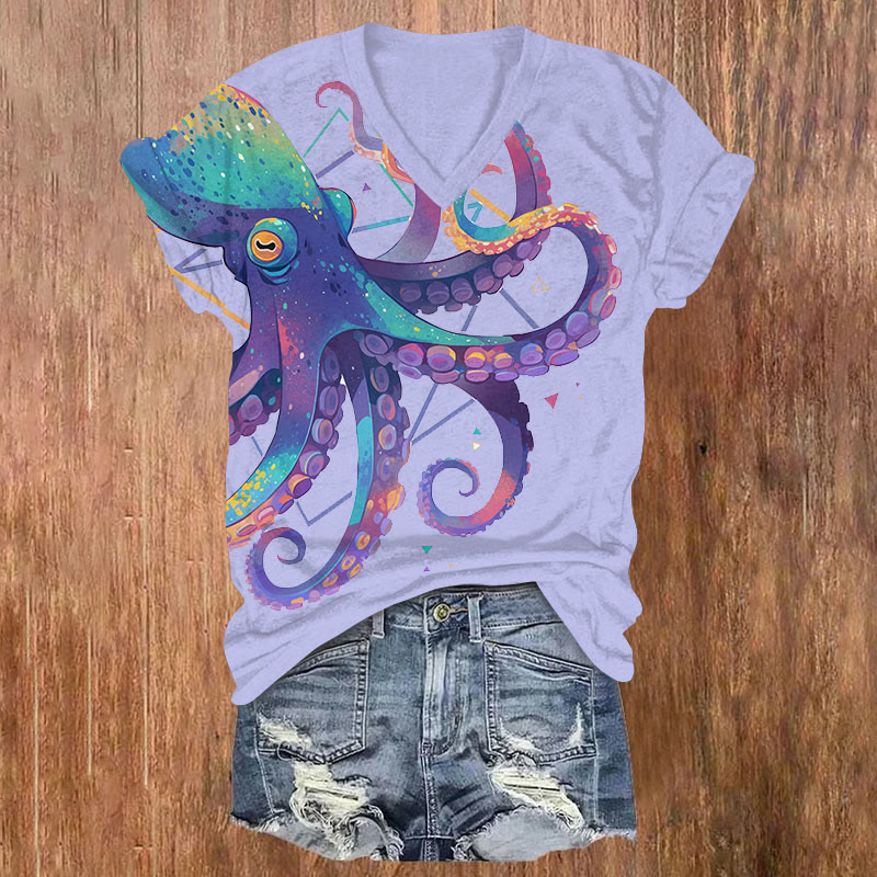 Watercolor Rainbow Octopus Print V-neck T-shirt - Purple - US32-34(5XL) - image 4