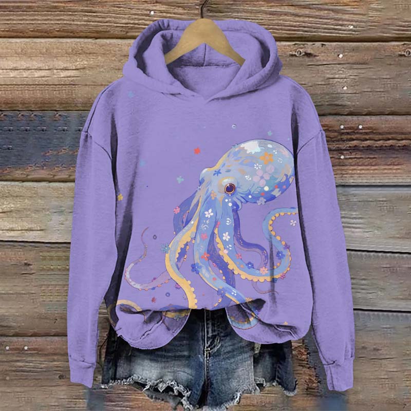 Lovely Floral Octopus Print Long Sleeve Hoodie - Purple - US44-46(8XL) - image 2