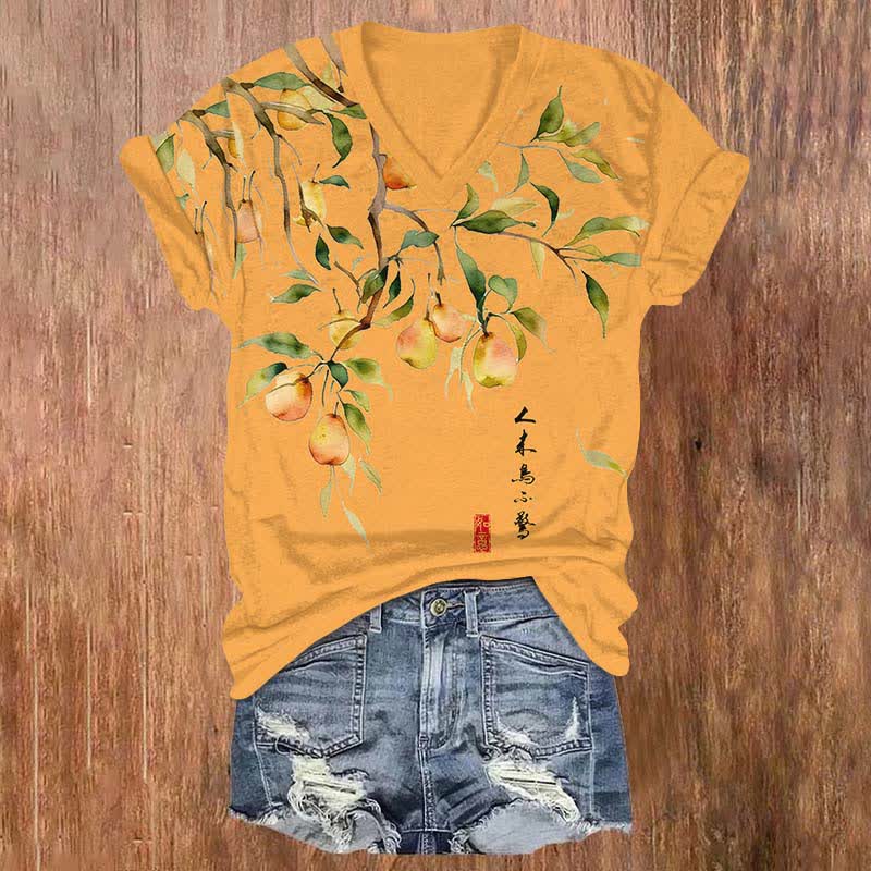 Japanese Vintage Pear Tree Art Print V-neck T-shirt - Orange - US32-34(5XL) - image 4