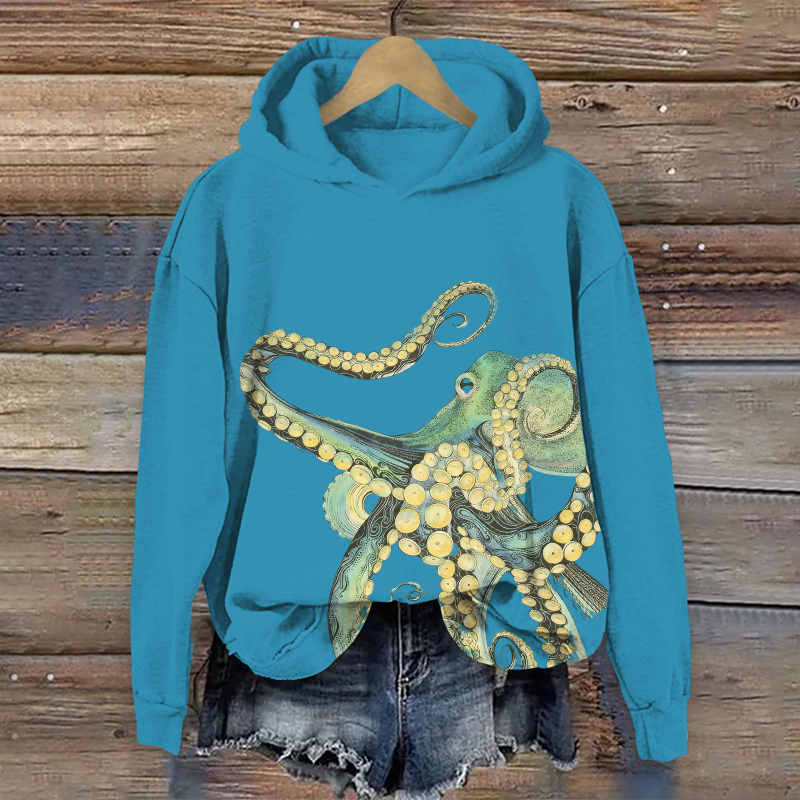 Creative Funny Octopus Art Print Long Sleeve Hoodie - Blue - US44-46(8XL) - image 2