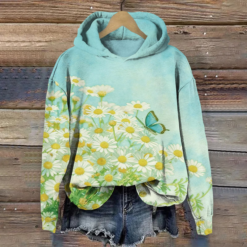 Watercolor Daisy & Butterfly Art Print Long Sleeve Hoodie - image 4