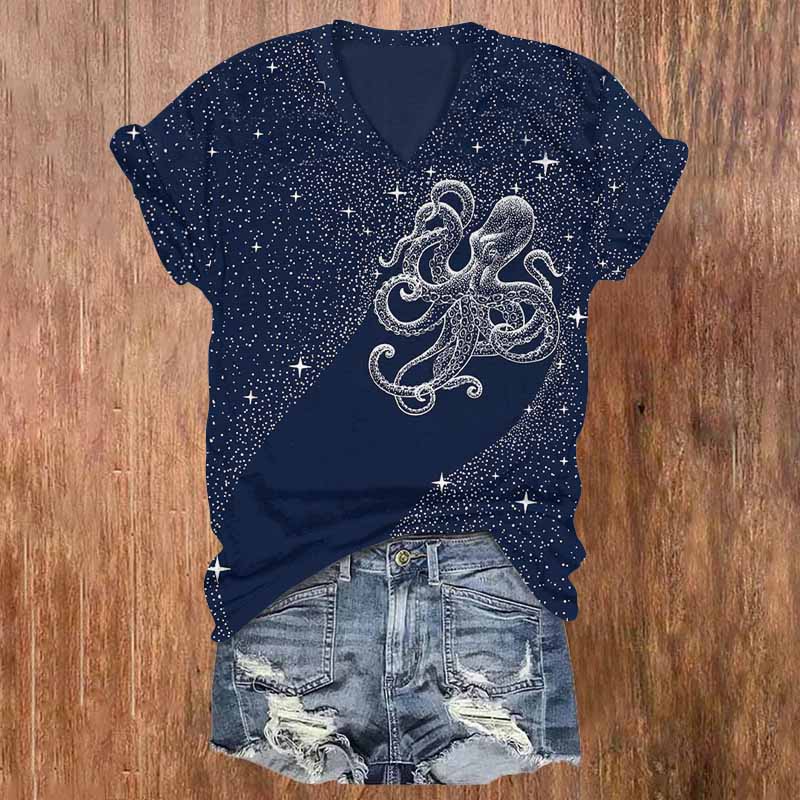 Creative Starry Sky Octopus Pattern T-shirt - Blue - 5XL - image 1