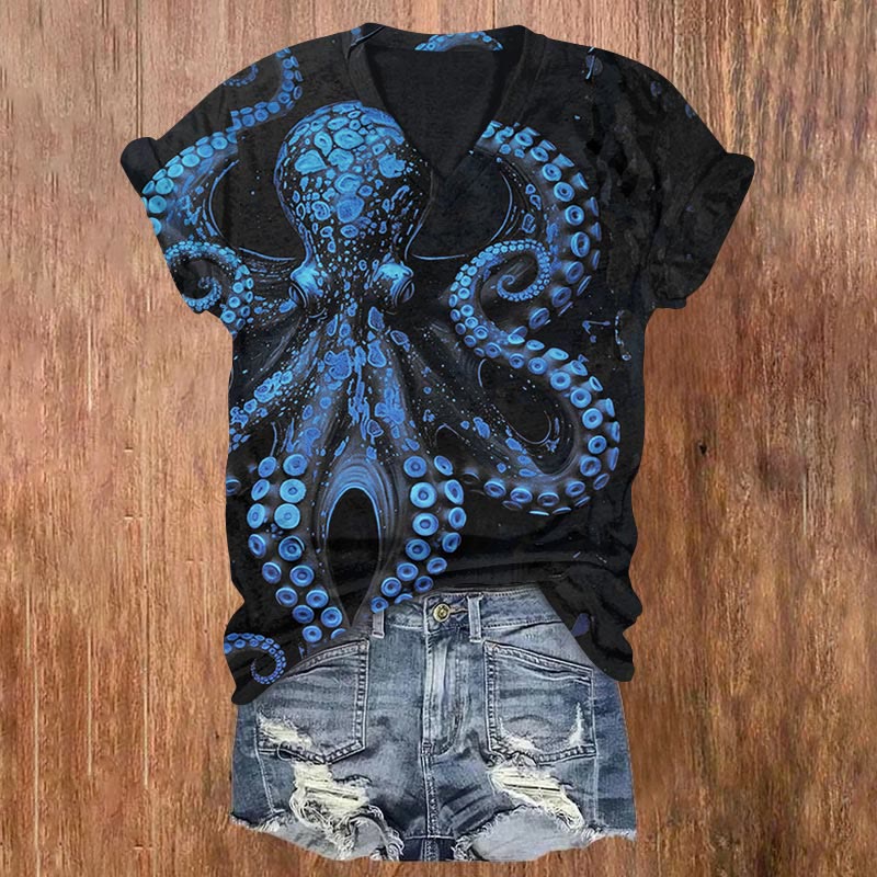 Vintage Octopus Art Print V-neck T-shirt - Dark Blue - 5XL - image 2