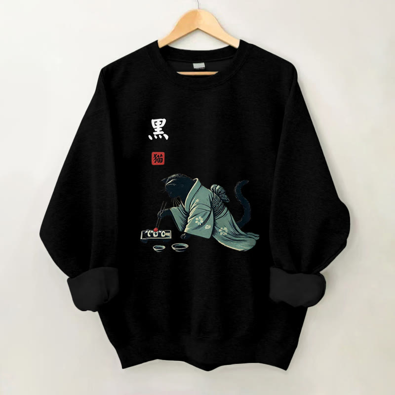 100% Cotton Traditional Cat Eating Sushi Print Round Neck Casual Fleece Sweatshirt - Black - 2XL - image 4