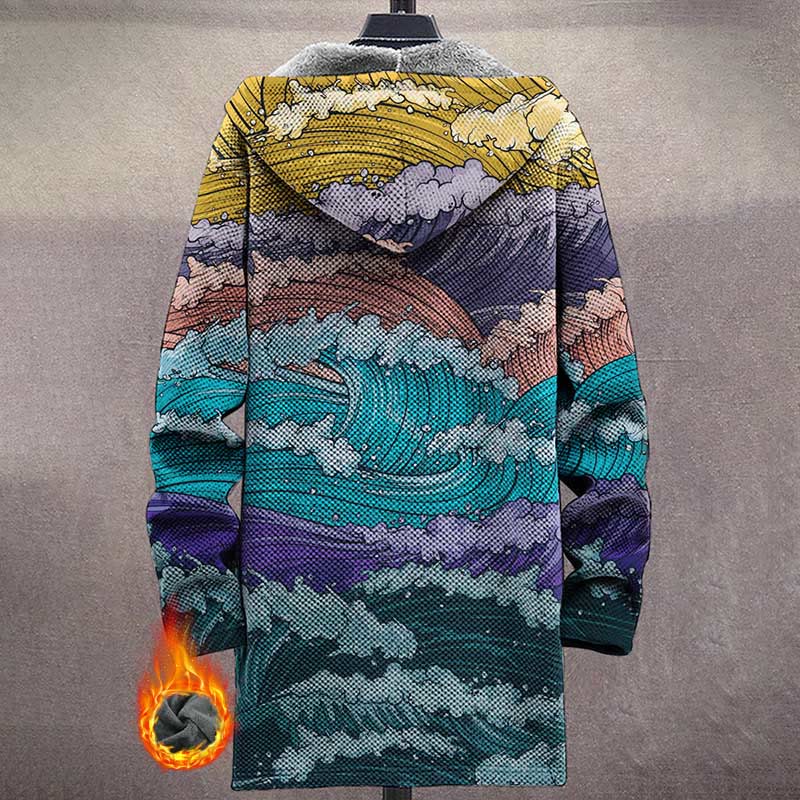 Men's Multi-color Wave Print Unisex Plush Thick Long-sleeved Fleece Jacket Coat - image 3