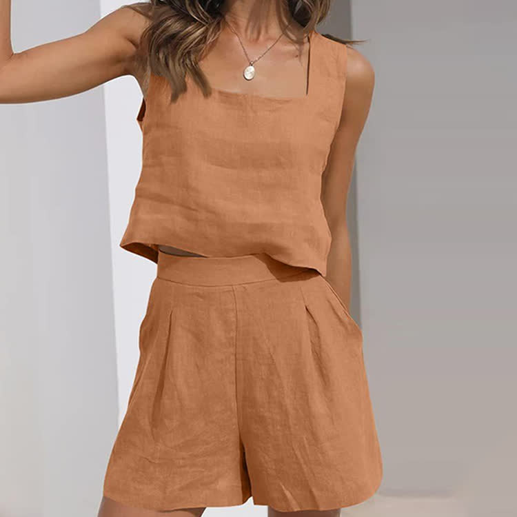 Cozy Solid Texture Square-neck Vest & A-line Short Set - Caramel - 2XL - image 5