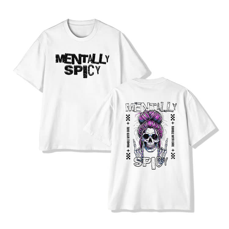 Mentally Spicy Skull Print T-shirt - White - US16-18(2XL) - image 3