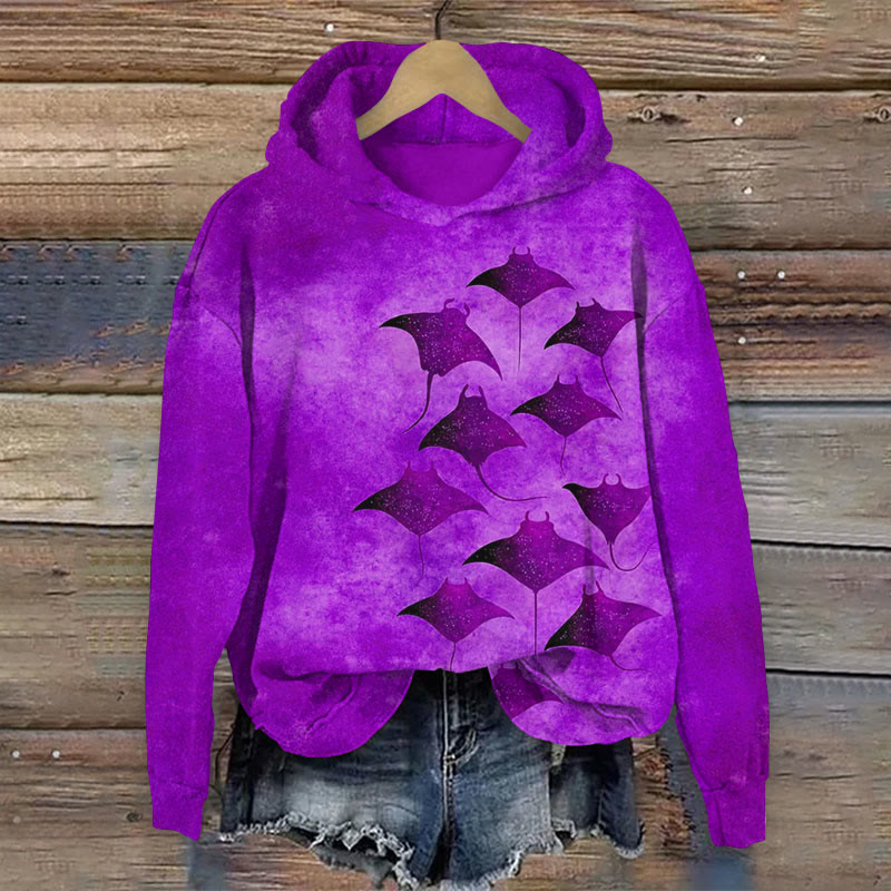 Vintage Manta Ray Art Print Long Sleeve Hoodie - Purple - 8XL - image 6