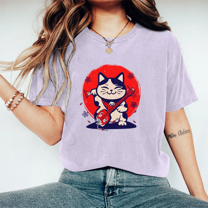 100% Cotton Women's Japanese Lucky Cat Art Print Casual T-shirt - Purple - 2XL - image 4