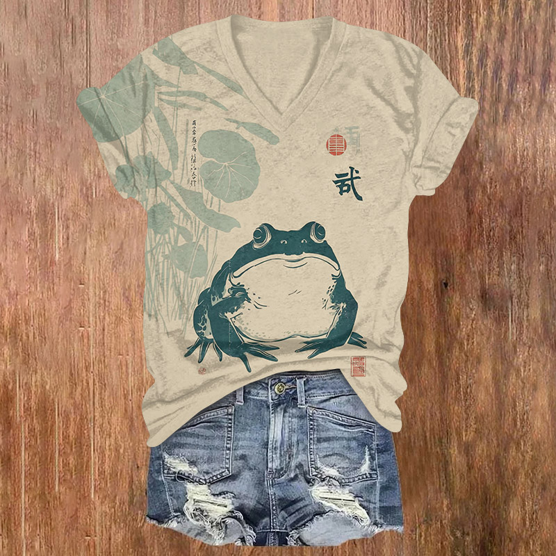 Japanese Frog Print Short Sleeved V-neck T-shirt - Apricot - US32-34(5XL) - image 1