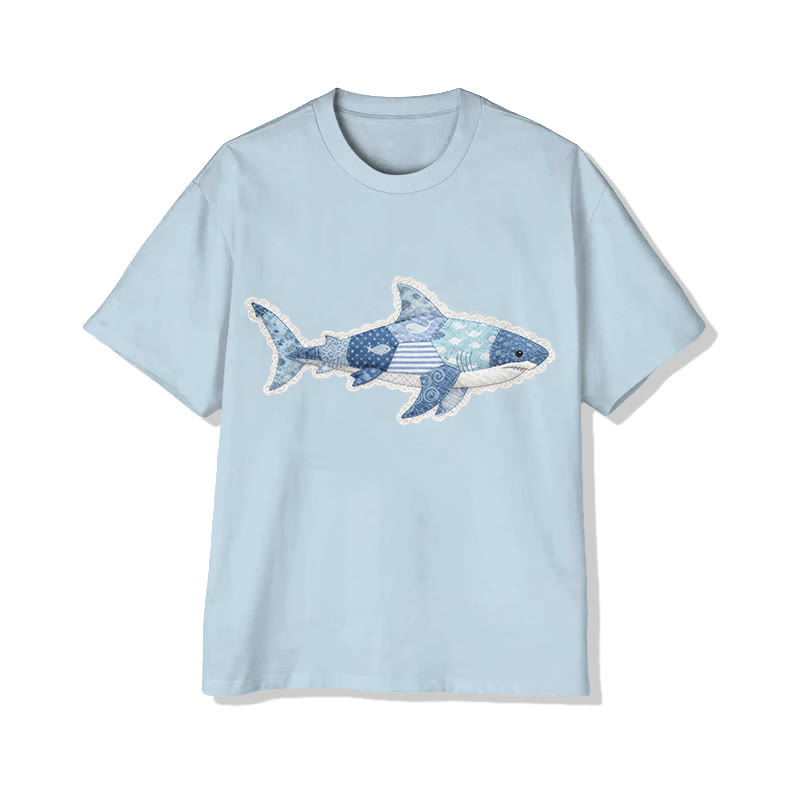 Ocean Shark Art Lace pattern Print Pattern Cotton Print T-Shirt - Light Blue - US16-18(2XL) - image 3