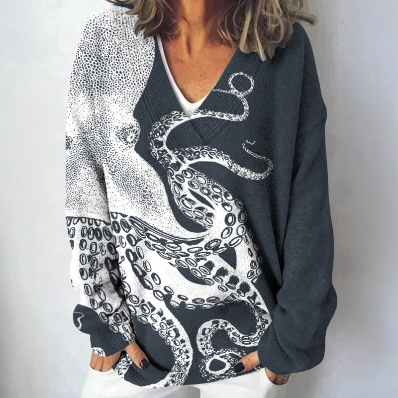 Japanese Art Octopus Graphic Print Causal V-neck Pullover Sweater - Navy Blue - 4XL - image 2