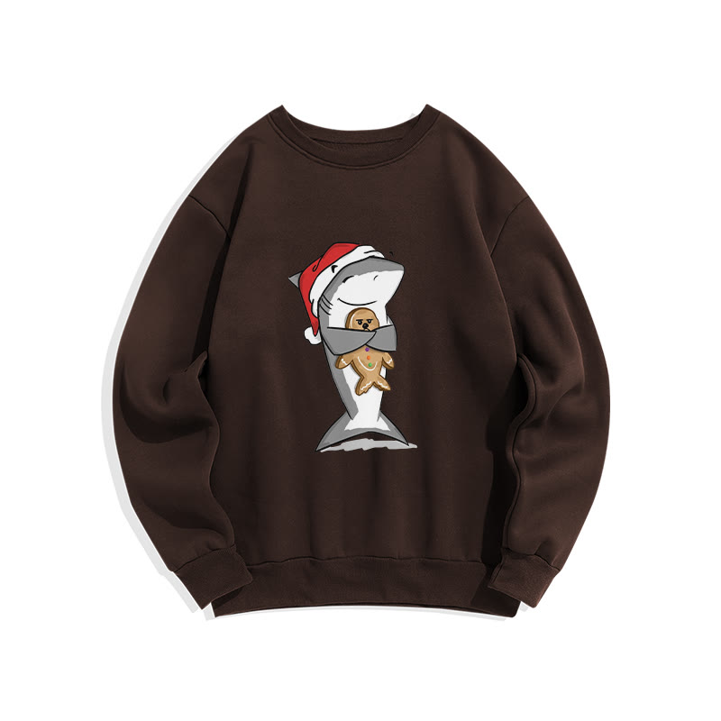 Christmas Lovely Shark Holding Gingerbread Man Print Crew Neck Sweatshirt - Coffee - US16-18(2XL) - image 5