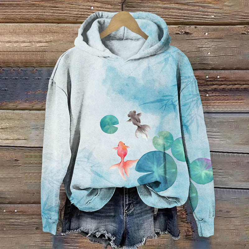 Lovely Goldfish In Lotus Pond Art Print Long Sleeve Hoodie - Blue - US44-46(8XL) - image 2