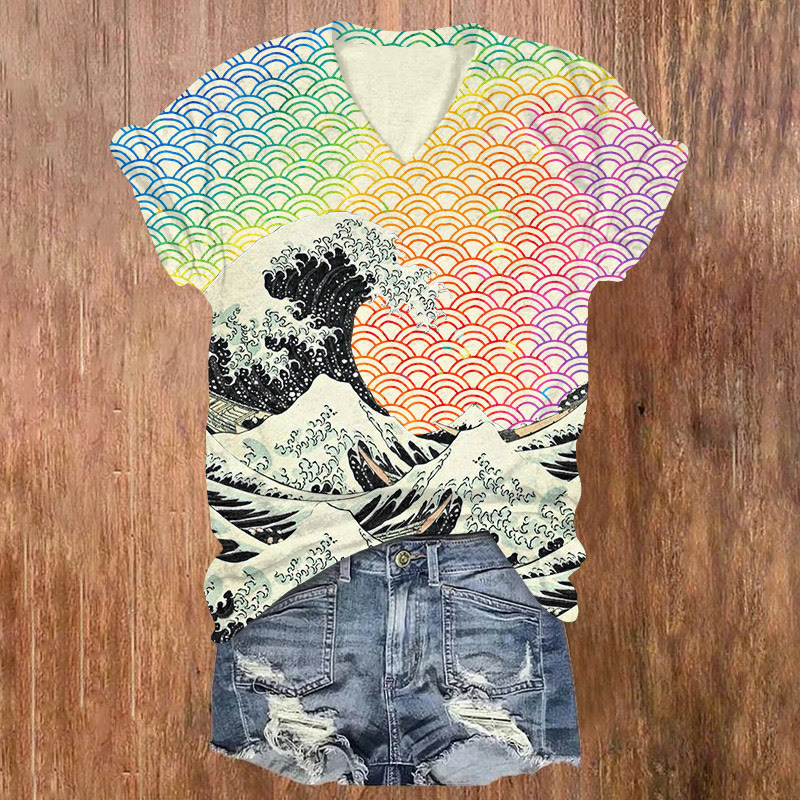 Japanese Style Wave Stitching Rainbow Dyed Waves Print V-neck Short Sleeve T-shirt - Black - US32-34(5XL) - image 2