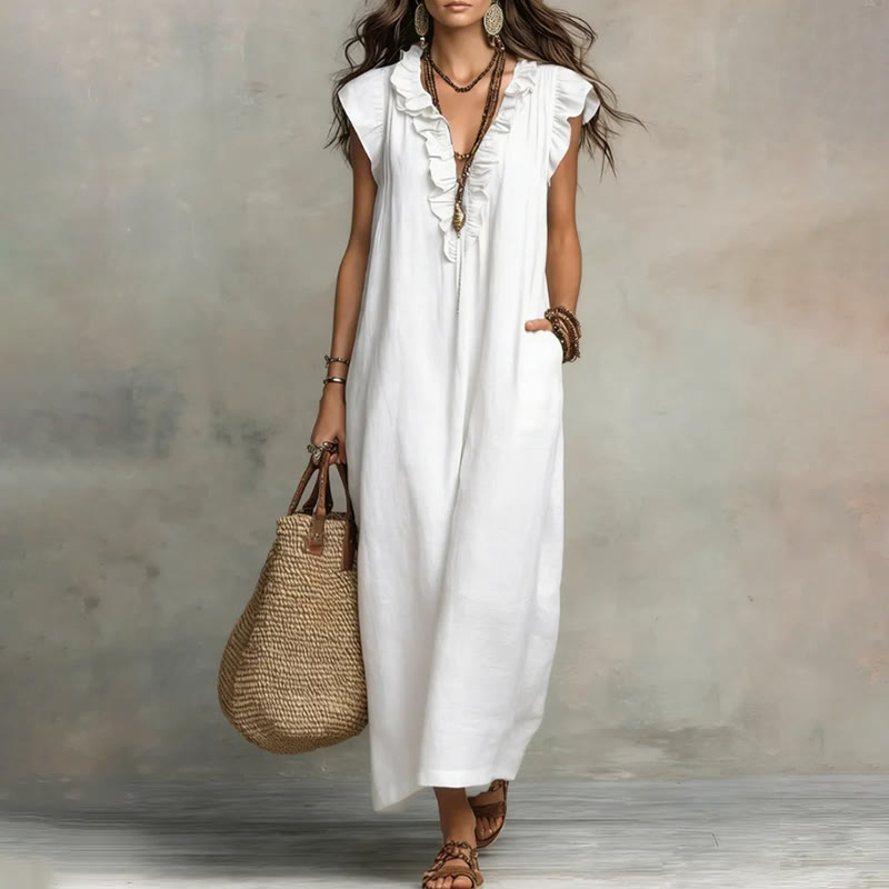 Women's Solid V-neck Sleeveless Ruffled Maxi Dress - White - 2XL - image 3