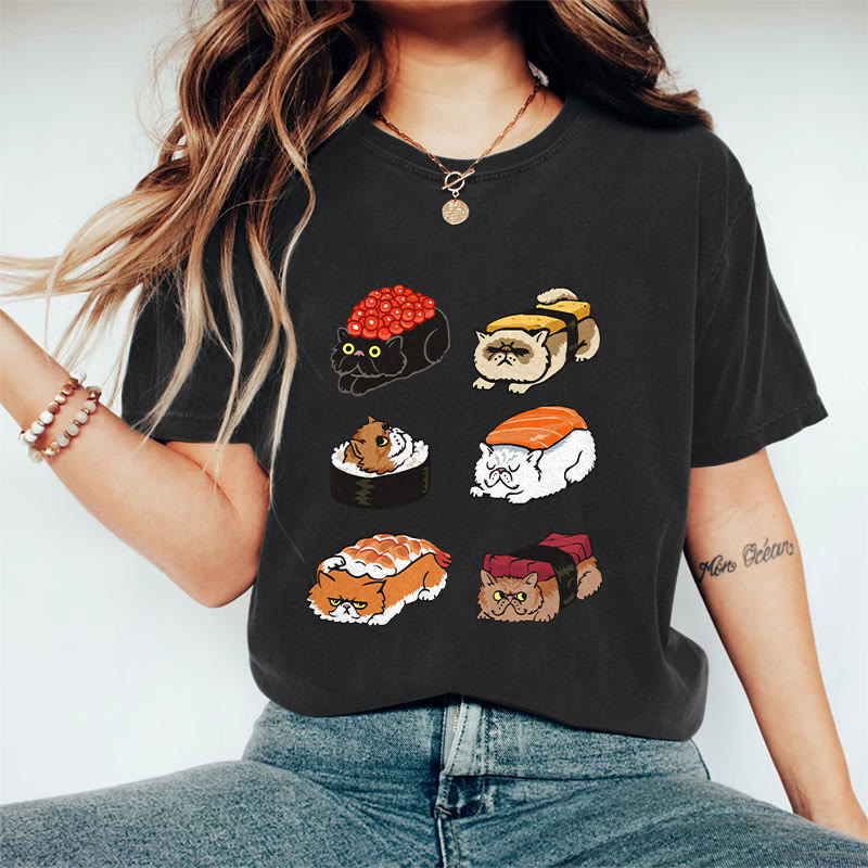 100% Cotton Funny Sushi Cat Art Print T-shirt - Black - US16-18(2XL) - image 3