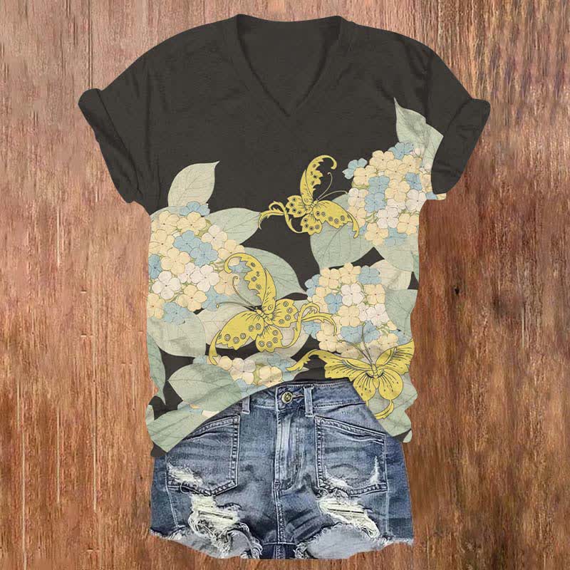Japanese Cartoon Bouquet & Butterfly Art Print V-neck T-shirt - Black - US32-34(5XL) - image 6
