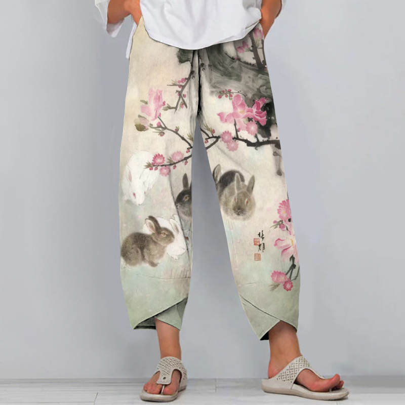 Sakura Cute Rabbit Print Drawstring Pocket Pants - Apricot - US24(8XL) - image 1