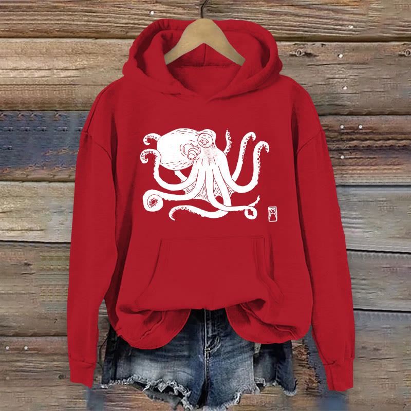 100% Cotton Octopus Print Women's Hoodie - Red - 2XL - image 7
