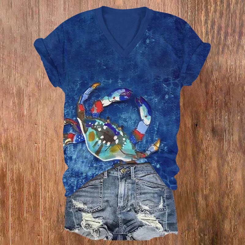 Creative Fantasy Colorful Crab Print V-neck T-shirt - Royal Blue - US32-34(5XL) - image 5