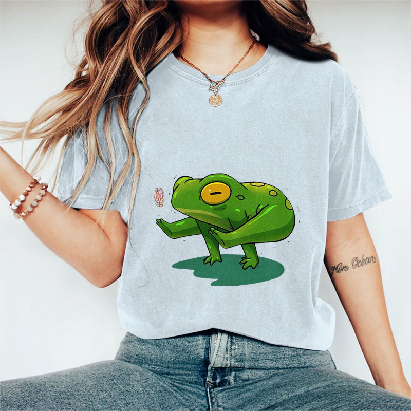 100% Cotton Funny Frog Yoga Art Print Casual T-shirt - Blue - 2XL - image 8