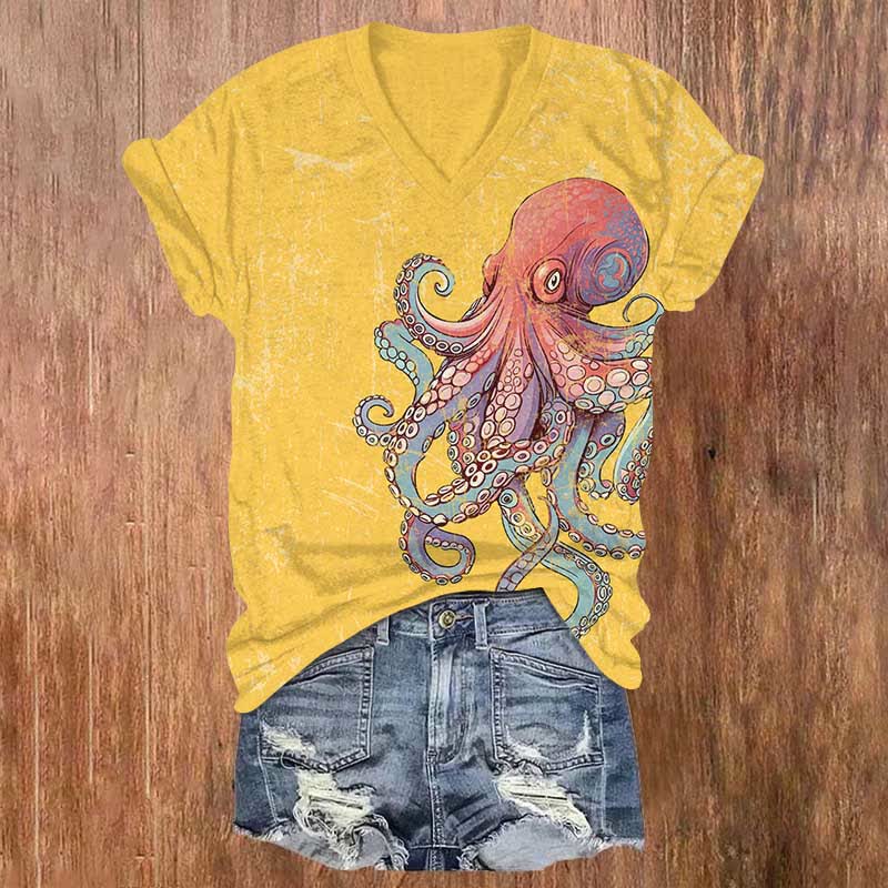 Japanese Funny Dazed Octopus Art Print V-neck T-shirt - Yellow - US32-34(5XL) - image 5