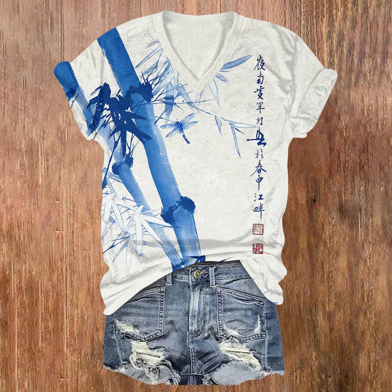 Vintage Bamboo And Dragonfly Ink Painting Pattern Print Short Sleeved V-neck T-shirt - Blue - US32-34(5XL) - image 3