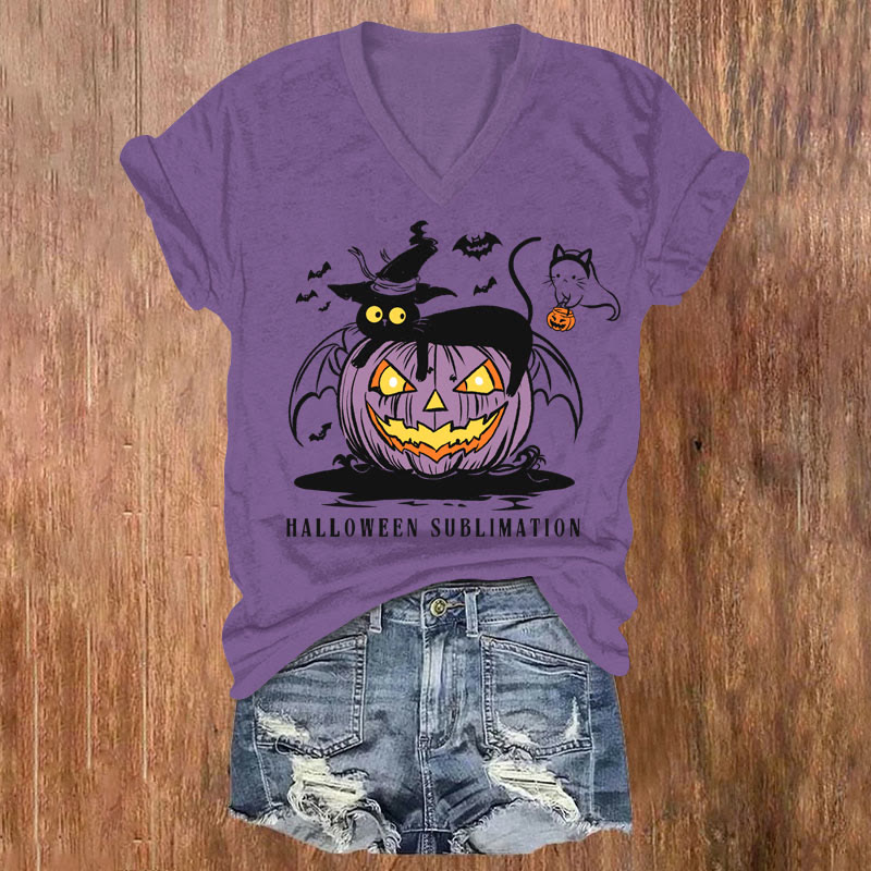 Women's Halloween Wizard Cat Lying On Pumpkin Art T-shirt - Purple - US32-34(5XL) - image 2
