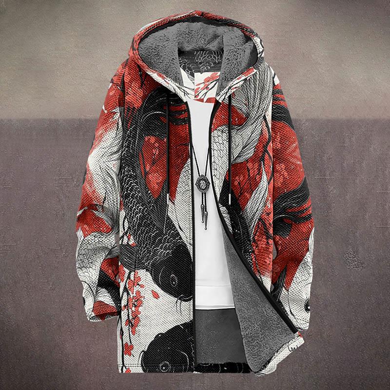 Japanese Floral Sketching Koi Print Unisex Plush Thick Long-sleeved Fleece Jacket Coat - image 3
