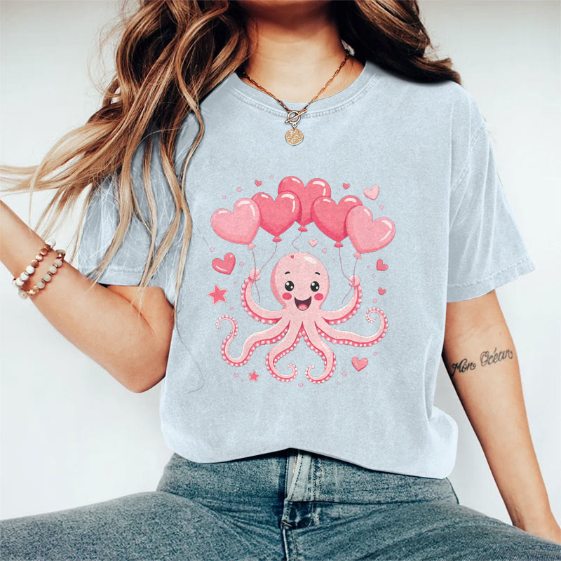 100% Cotton Valentine's Day Octopus Heart T-shirt - Blue - 2XL - image 8