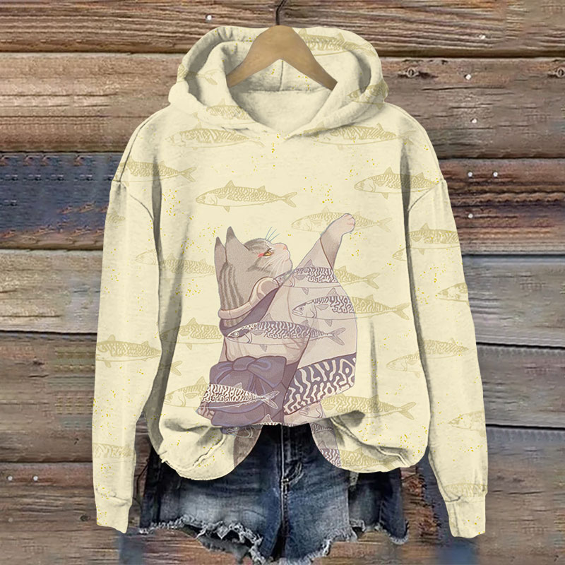 Japanese Kimono Cat Waving To The Fish Print Long Sleeve Hoodie - Apricot - US44-46(8XL) - image 3