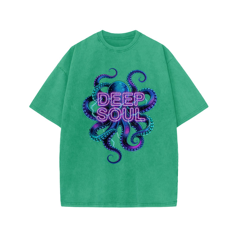 Deep Soul Colored Octopus Print Acid Washed T-shirt - Green - US20-22(3XL) - image 8