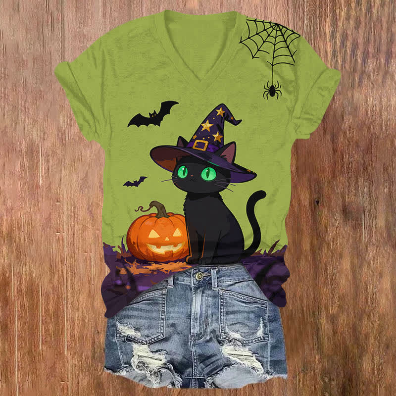 Halloween Wizard Black Cat & Pumpkin Print V-neck T-shirt - Green - US32-34(5XL) - image 2