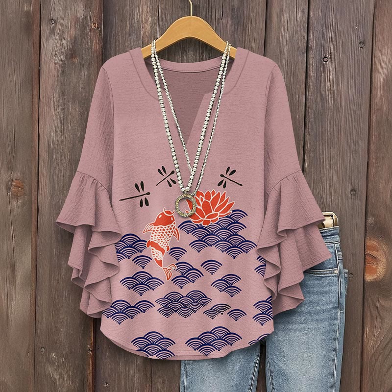 Japanese Style Koi Fish Dragonfly Wave Art Print V-neck Half Sleeve Blouse - Pink - 5XL - image 4