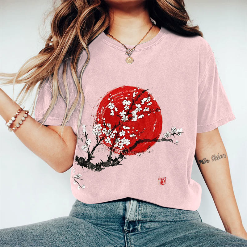 100% Cotton Women's Sunrise Japanese Art Print Casual T-shirt - Pink - 2XL - image 7