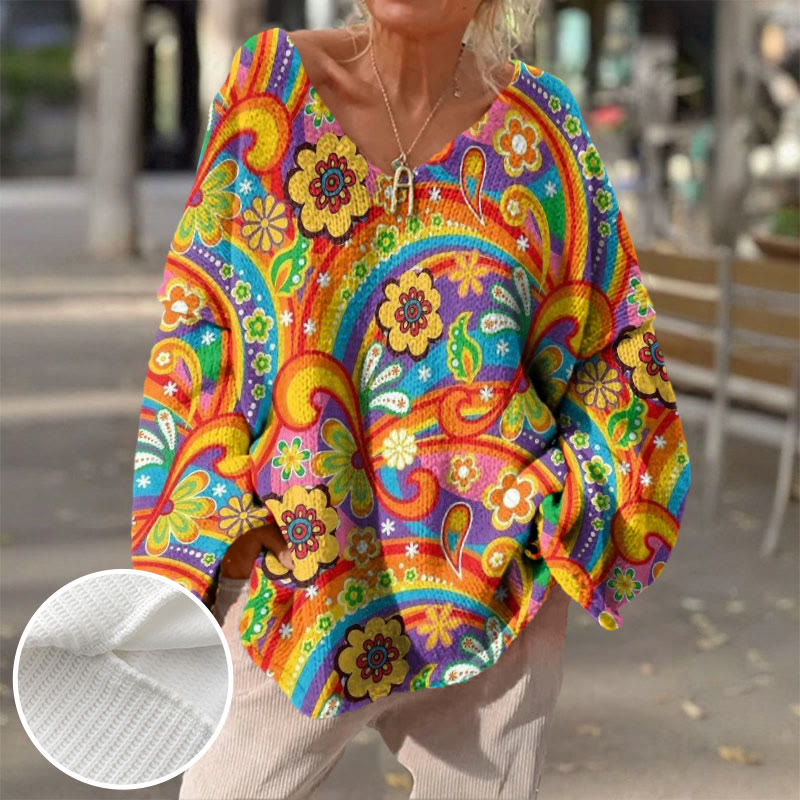 Retro Hippie Psychedelic Flower Print V-neck Pullover Sweater - image 2