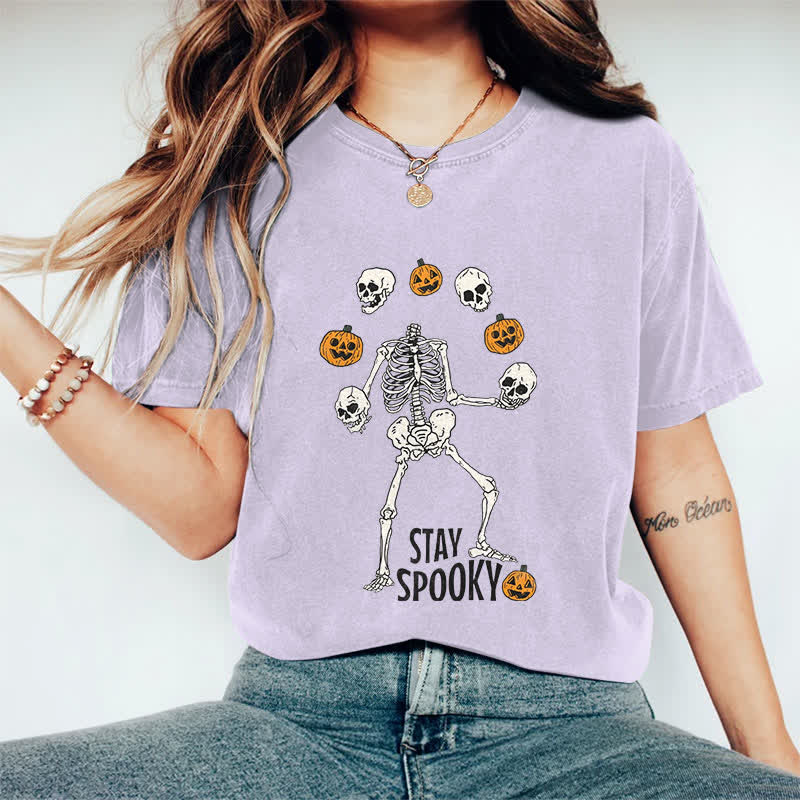 100% Cotton Women's Halloween Funny Stay Spooky Art Print Casual T-shirt - Purple - 2XL - image 12