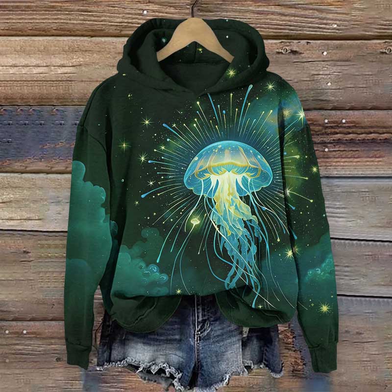 Retro Fireworks Bloom Glowing Jellyfish Art Print Long Sleeve Hoodie - Green - US44-46(8XL) - image 2
