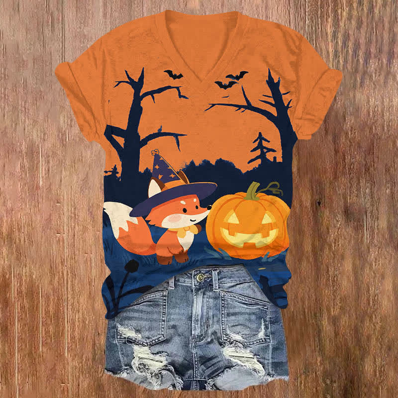 Halloween Night Cute Wizard Fox & Pumpkin Art Print V-neck T-shirt - Orange - US32-34(5XL) - image 4
