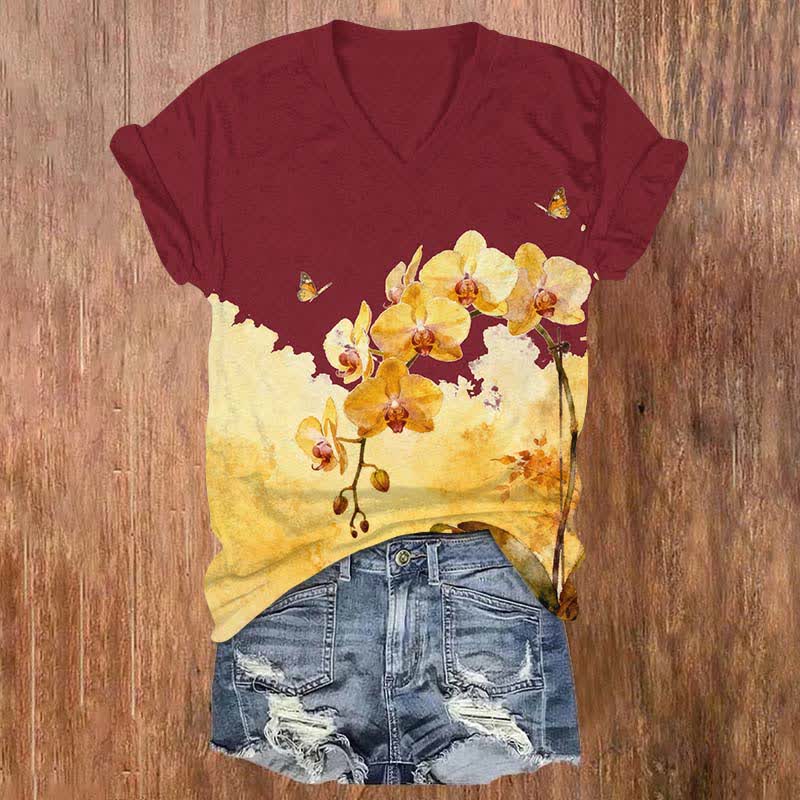 Vintage Yellow Phalaenopsis Art Print V-neck T-shirt - Red - US32-34(5XL) - image 3