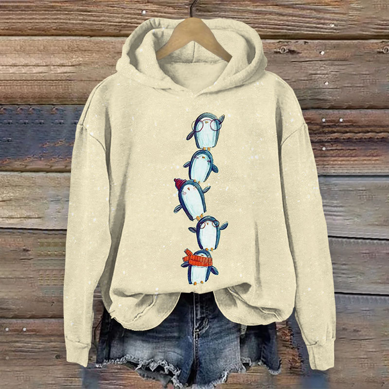 Vintage Lovely Stacking Penguins Print Long Sleeve Hoodie - Apricot - US44-46(8XL) - image 3