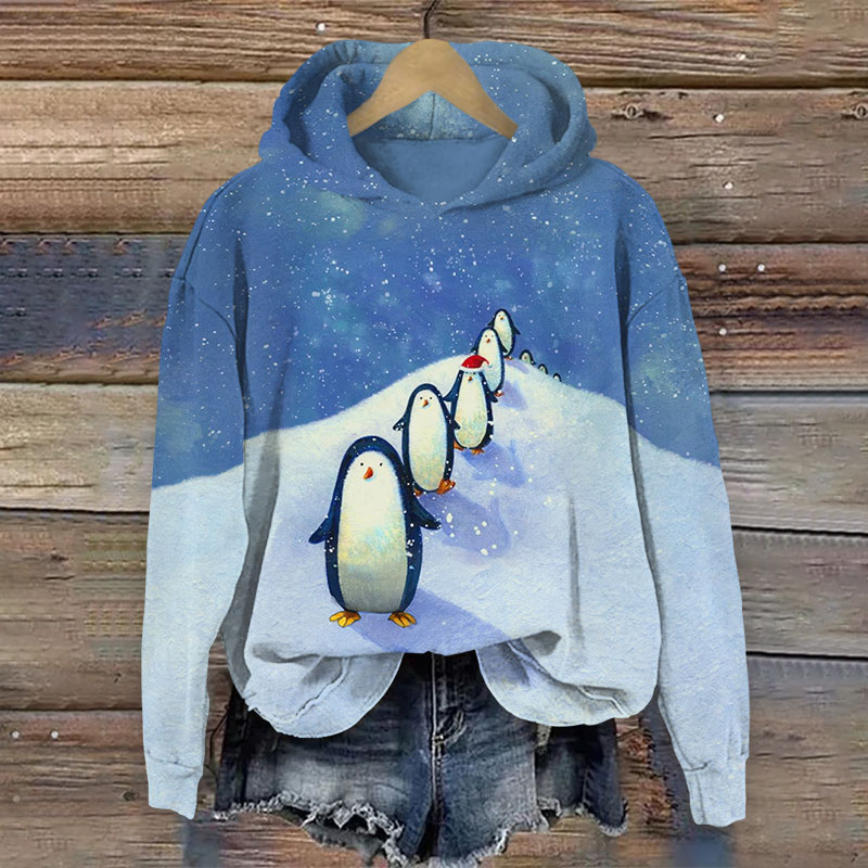 Christmas Adorable Penguins In Line  Print Long Sleeve Hoodie - Blue - US44-46(8XL) - image 2