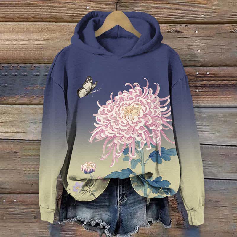 Japanese Vivid Pink Chrysanthemum Art Print Long Sleeve Hoodie - Blue - US44-46(8XL) - image 5