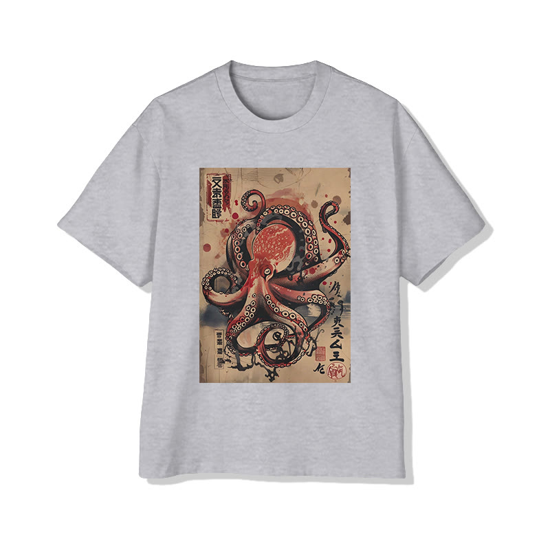 Japanese Art Octopus Pattern Print Short Sleeved Crew Neck T-shirt - Grey - 2XL - image 4