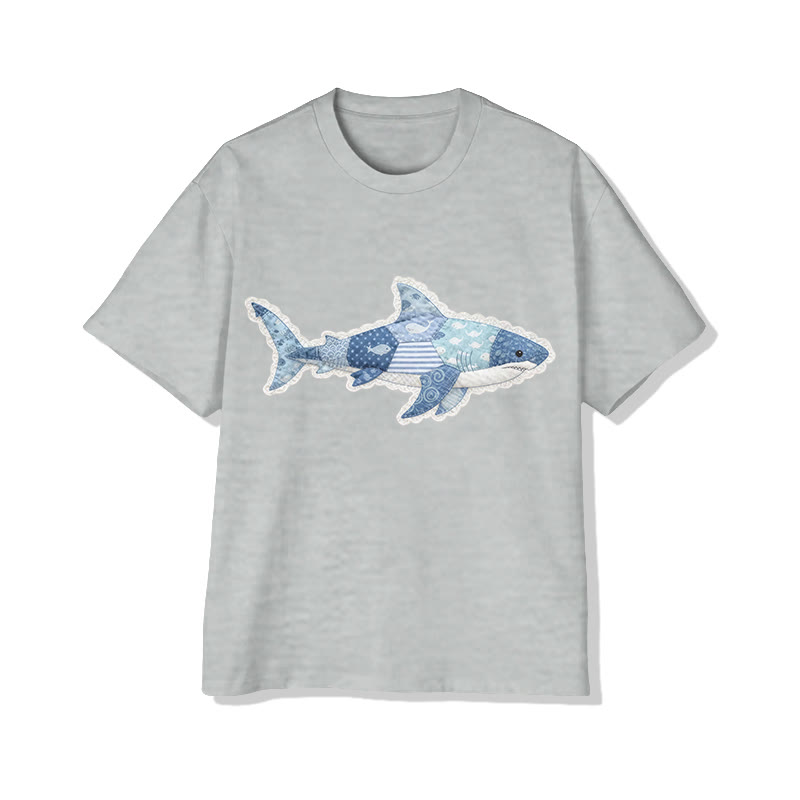 Ocean Shark Art Lace pattern Print Pattern Cotton Print T-Shirt - Grey - US16-18(2XL) - image 7