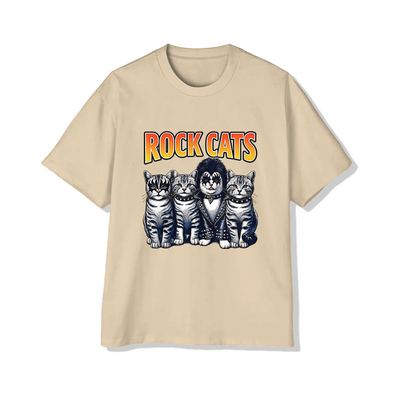 Unisex Rock Cats  Pattern Short Sleeved Crew Neck T-Shirt - Apricot - 2XL - image 4