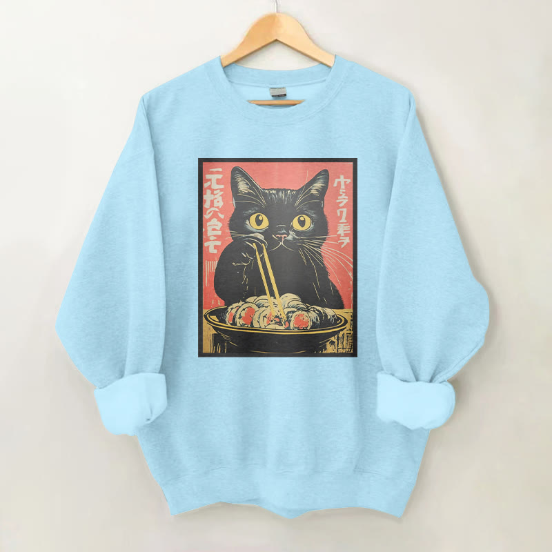 100% Cotton Funny Cat With Ramen Print Round Neck Casual Fleece Sweatshirt - Blue - 2XL - image 4