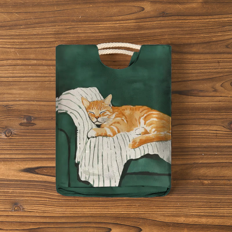 Cute Sleeping Cat Print Woven Handbag - image 2