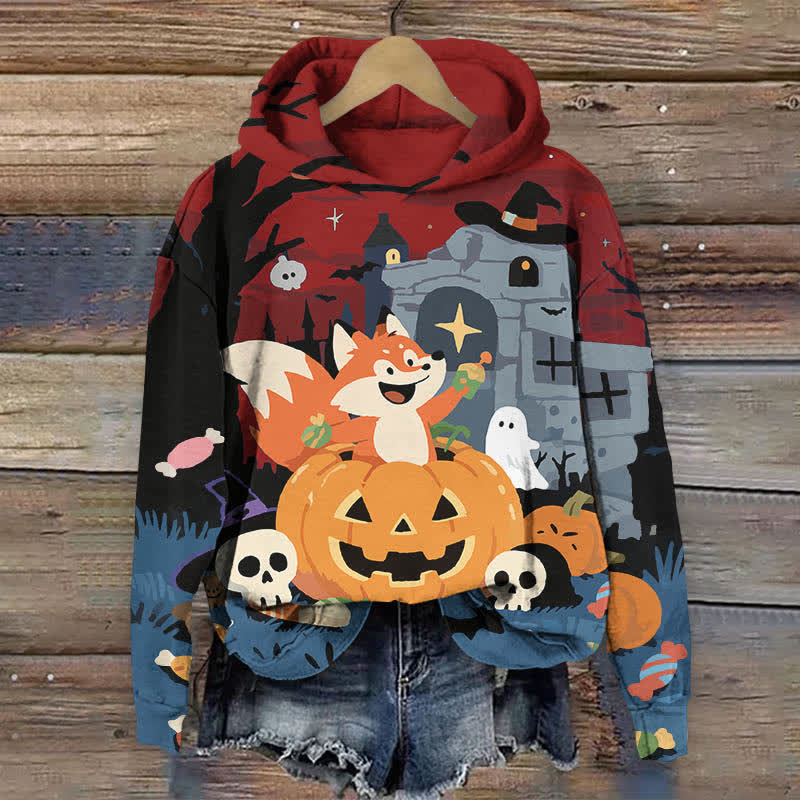 Halloween Cartoon Fox In A Pumpkin Print Long Sleeve Hoodie - Red - US44-46(8XL) - image 3